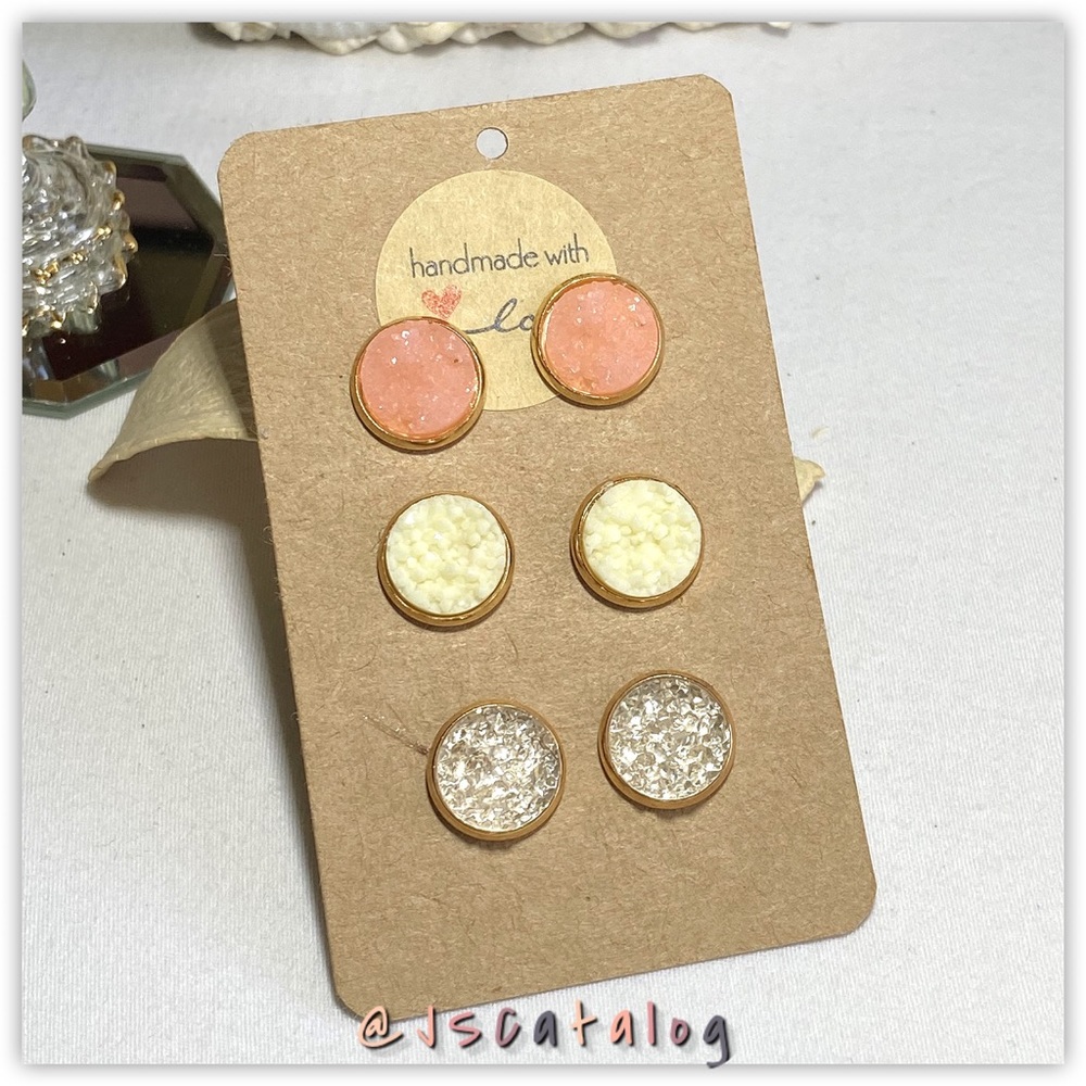 3 x Druzy on Gold Studs Earrings
